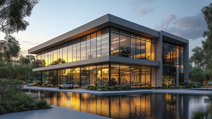 Fototapeta premium Modern commercial facility with large glass windows reflecting sunset over water