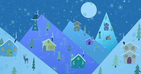 Glowing cottages puffing chimney smoke on hills at night, pine trees, snowflakes, full moon, deer