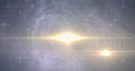 Radiating diamond light forming hologram on virtual plane, with HUD rings, code and flare streaks
