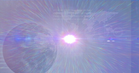 Image of blue light spot over globe and world map against blue background