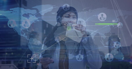 Image of data processing over world map against asian woman having a snack on the street