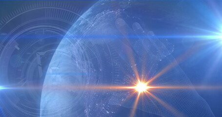 Image of light spots and round scanner over globe and hand icon against blue background