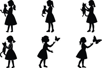 Girl with cat and butterfly silhouette vector set, bundle isolated on white background