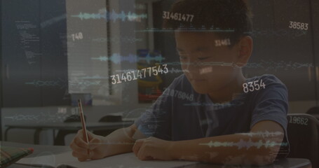 Image of multiple changing numbers over asian boy studying in the class at school