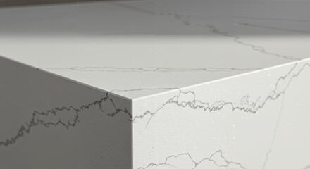 White Quartz Countertop with Grey Veining. Close-up of a Modern Kitchen Island Edge. Durable Engineered Stone Surface for Interior Design.