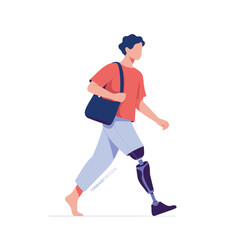 Young person with prosthetic leg confidently walking, casual style and side profile cartoon illustration promoting mobility and disability inclusion
