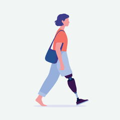 Obraz premium Young person with prosthetic leg confidently walking, casual style and side profile cartoon illustration promoting mobility and disability inclusion 