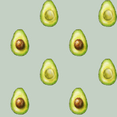 Simple seamless pattern with watercolor half an avocado on green-grey background. Digital illustration. Digital paper.