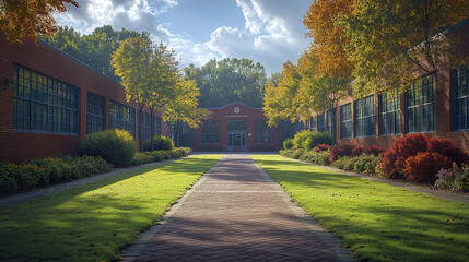 Obraz premium serene pathway leads to inviting school entrance, surrounded by vibrant trees and lush greenery