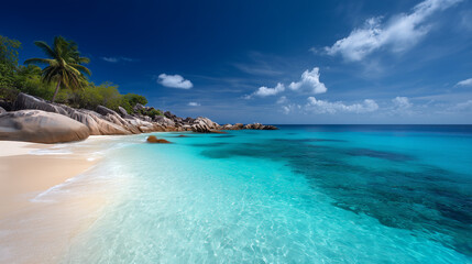 Fototapeta premium Pristine Tropical Beach with Turquoise Waters and Palm Tree