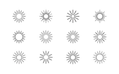 A set of twelve minimalist sun illustrations in a line art style, ideal for graphic designs, branding, or a conceptual art project