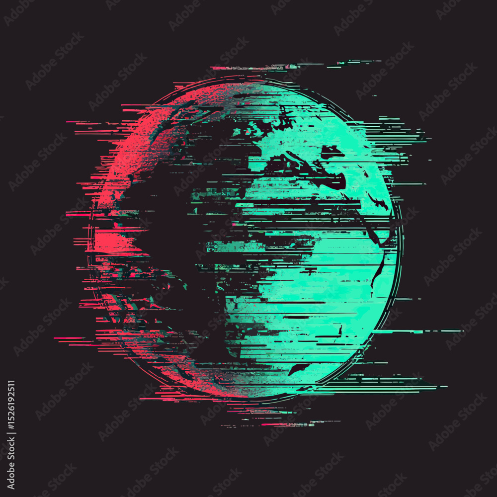 Wall mural digital glitch effect earth globe with red and cyan distortion lines, futuristic planet vector illus