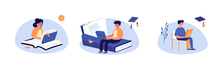 Fototapeta premium Students reading books studying online laptop education graduation caps learning knowledge concept flat vector illustration set
