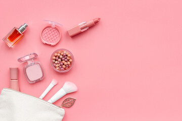 Layout of makeup cosmetic and brown pink shade beauty products, top view