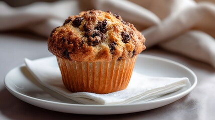 Freshly Baked Chocolate Chip Muffin on a White Plate