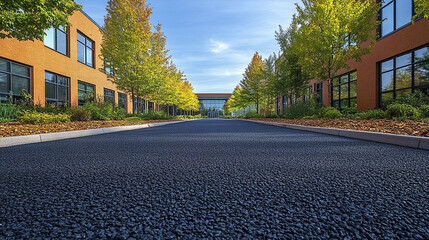 Naklejka premium serene asphalt road lined with vibrant trees and modern buildings creates peaceful atmosphere
