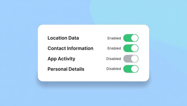 Floating Privacy Settings Dashboard with Toggle Controls for Data Sharing on Soft Blue Gradient Background Featuring Clean UI Design and Subtle Depth Effects