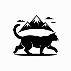 a cat running under the mountain black silhouette, white background