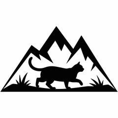  a cat running under the mountain black silhouette, white background