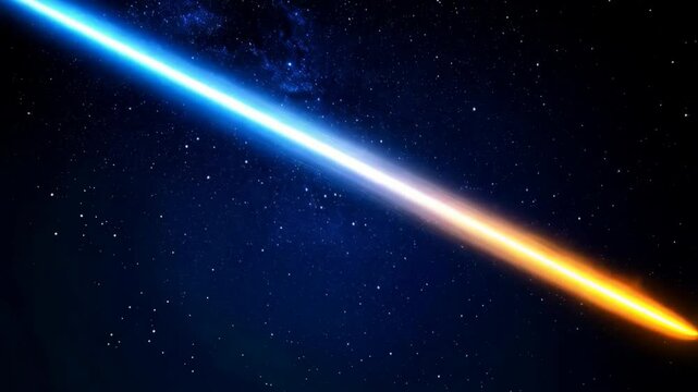 Striking celestial event featuring a vibrant shooting star streak across a deep blue, star-filled cosmic backdrop at night.