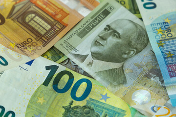 Serbian dinars and euros close-up