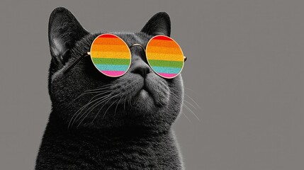 Stylish Black Cat Wearing Rainbow Sunglasses