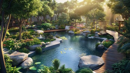 Scenic view of a lush green garden with pond and wooden walkway. Perfect for relaxation themes or promoting landscape design projects.
