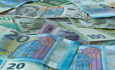 Serbian dinars and euros close-up