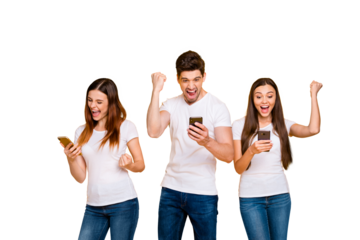 Portrait of three nice-looking attractive lovely cheerful cheery ecstatic overjoyed person using wi-fi connection 5g app success having fun isolated over bright vivid shine yellow background