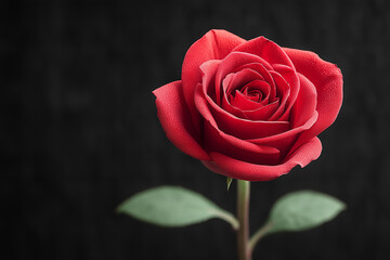 Obraz premium close-up of a dewy red rose on black background symbolizing romance and elegance