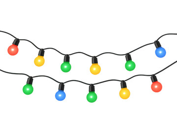 Colorful string lights are glowing on a transparent background, adding a festive touch to any design