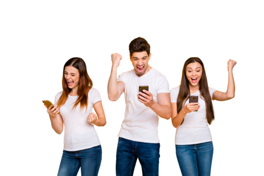 Portrait of three nice-looking attractive lovely cheerful cheery ecstatic overjoyed person using wi-fi connection 5g app success having fun isolated over bright vivid shine yellow background