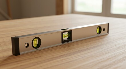 Silver spirit level with green bubble indicators lying flat on a wooden workbench, a tool for measuring horizontal and vertical planes during construction or renovation.