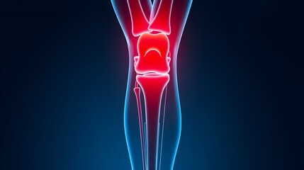 3D illustration human knee joint divided into two red glowing