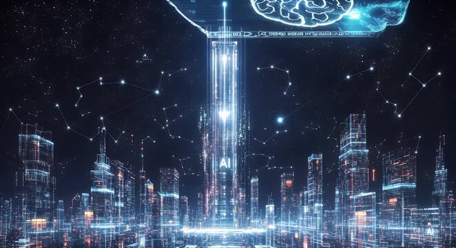 Abstract Cityscape With Glowing Elements and Neural Network Concept - Powered by Adobe
