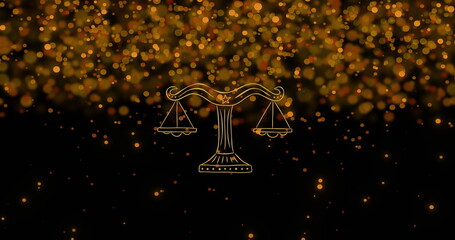 Image of weight scale of libra zodiac sign over illuminated yellow lens flares