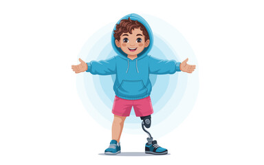 Happy cartoon boy with prosthetic leg smiling with open arms, illustration promoting disability inclusion and joy
