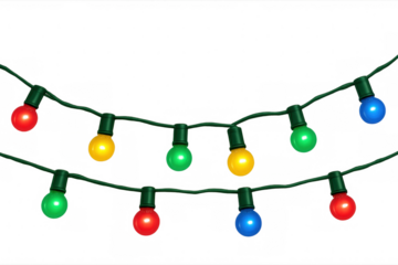 Glowing, colorful christmas light bulbs hanging on a green wire, featuring a transparent background perfect for holiday designs