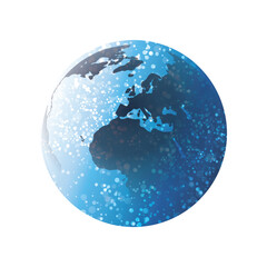 A stylized globe vector with glowing white dots and a subtle blue gradient on a white background. The Earth map design suggests global connectivity, data exchange and digital communication.
