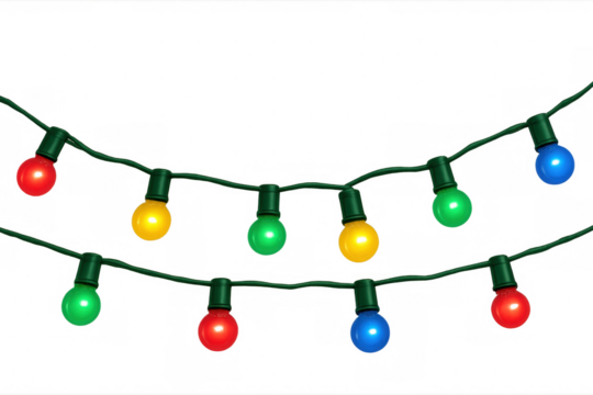 Glowing, colorful christmas light bulbs hanging on a green wire, featuring a transparent background perfect for holiday designs - Powered by Adobe