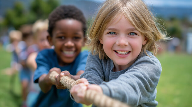 Happy children playing tug of war in a sunny park - Powered by Adobe