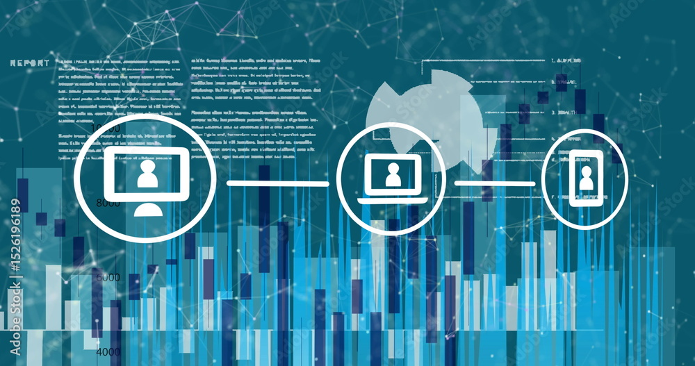 Poster image of connected media icons over data processing and graphs on interface