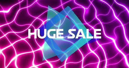 Image of huge sale over square and wavy purple background
