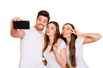 Portrait of three nice attractive cheerful playful comic childish foolish dumb positive youth person taking making selfie having fun showing v-sign isolated over bright vivid shine yellow background