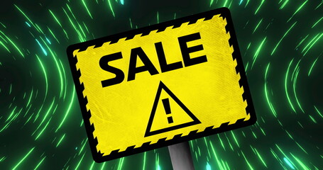 Image of sale on sign over black background with green lights moving fast