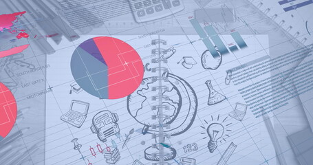 Image of infographic interface over book with doodles and stationery on table
