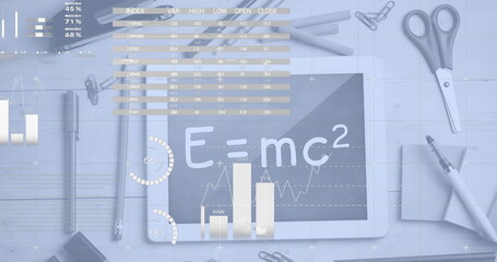Image of digital infographic interface over tablet with equation and stationery on table © vectorfusionart