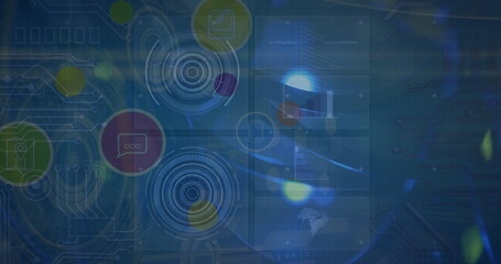 Image of tech icons and data on green digital screen