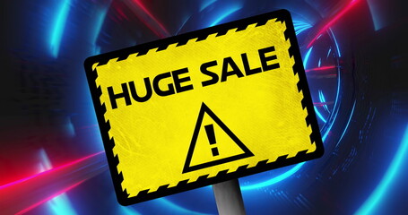 Image of yellow board with huge sale text and alert sign moving in colorful illuminated tunnel