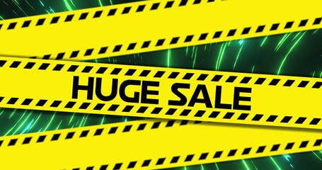 Image of cordon tape with huge sale text against blurred motion of illuminated green lights